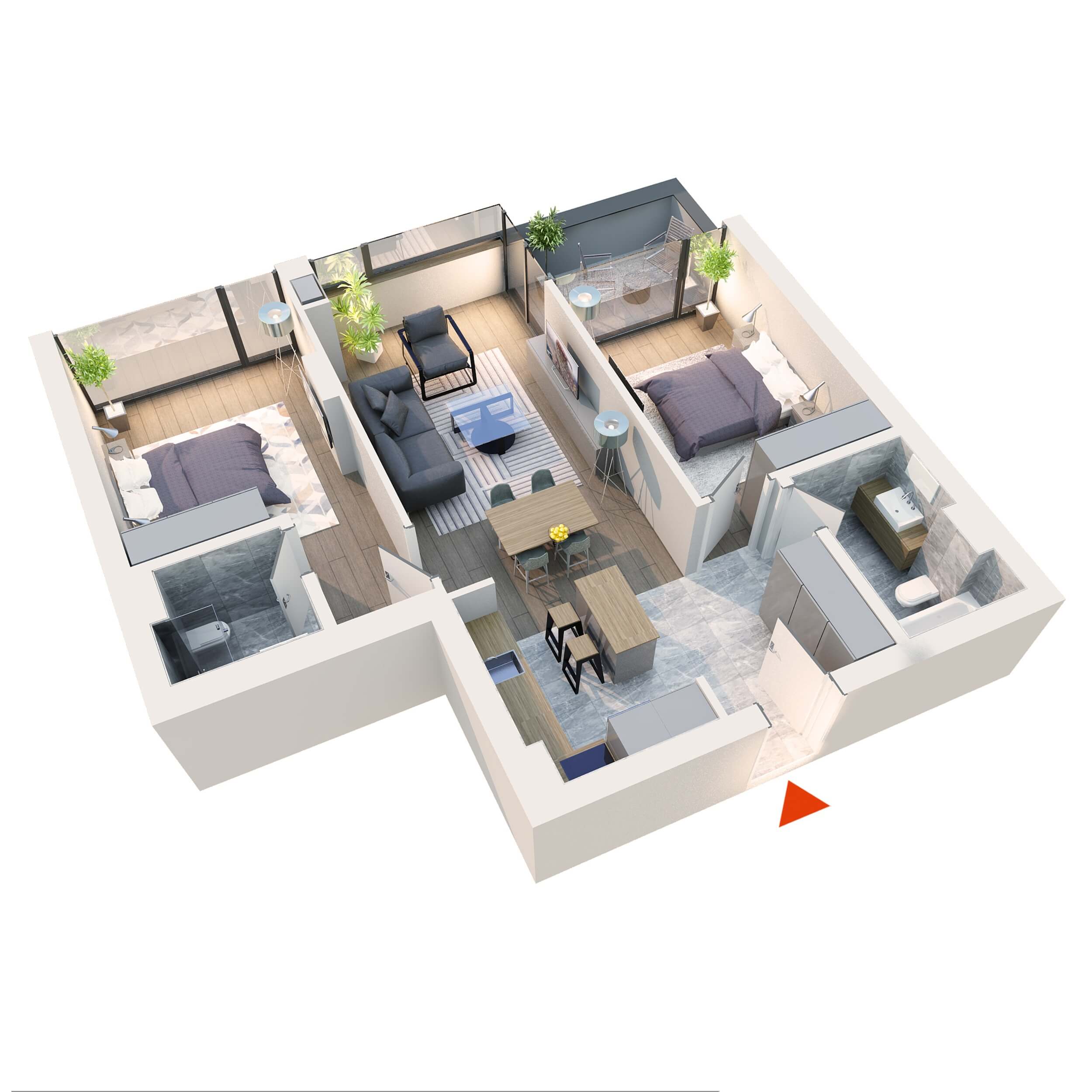 Apartament 3 camere tip 3D1 | Balcon | Etaj 1 – 5 | Corp C7 C8 | Faza 2