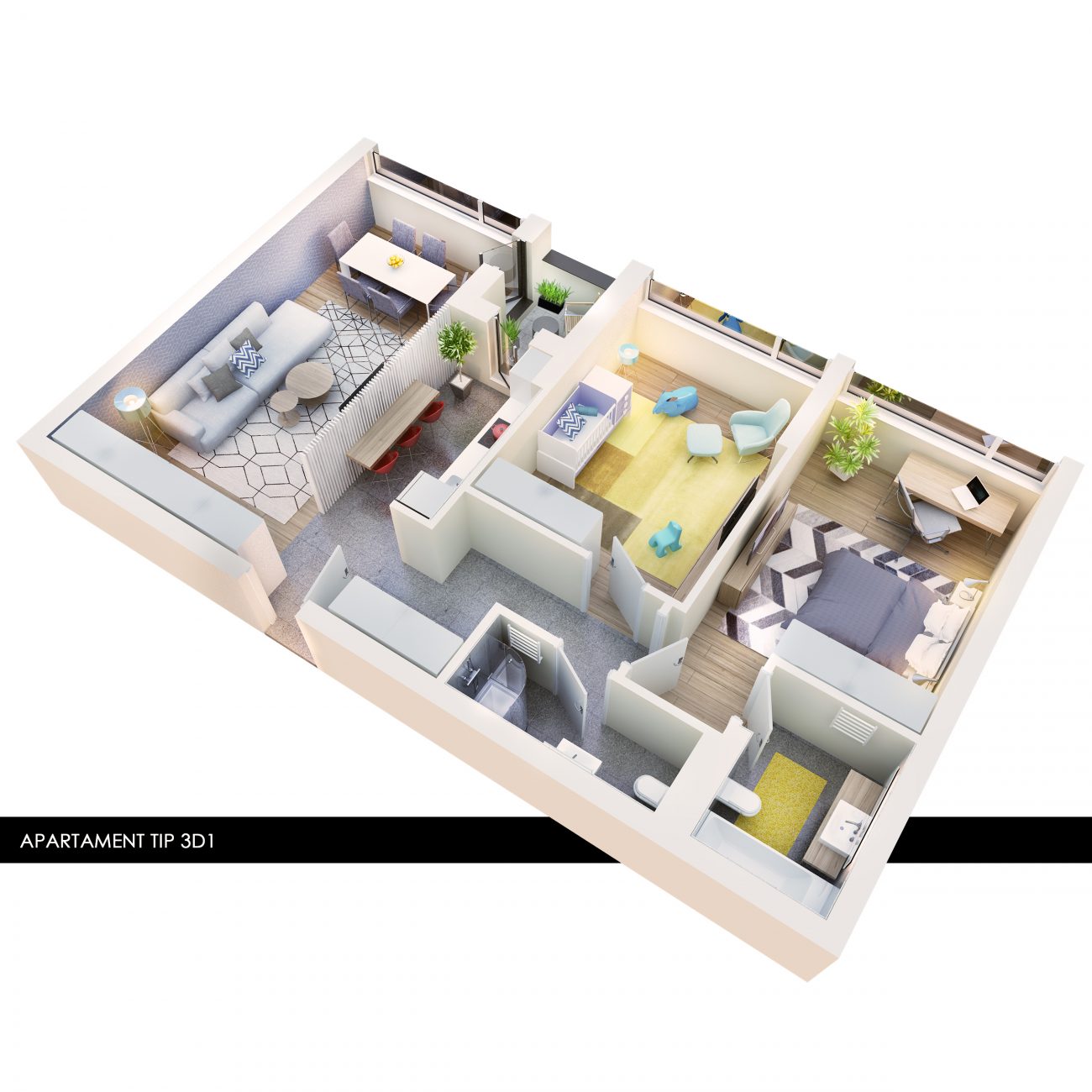 Atria Urban Resort amenajare 3 camere model 3D1